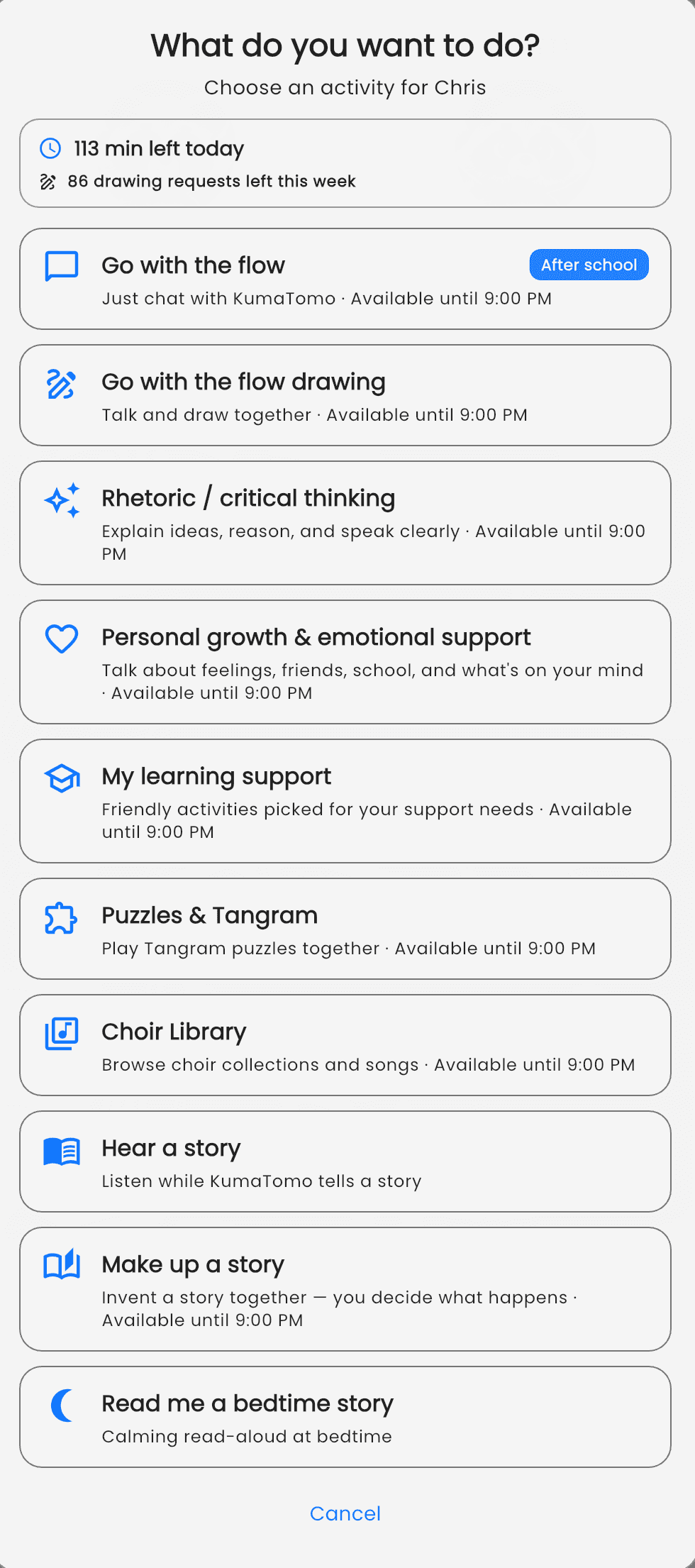 KumaTomo activity selection screen showing conversation, drawing, rhetoric, critical thinking, My Learning Support, puzzles, choir and stories