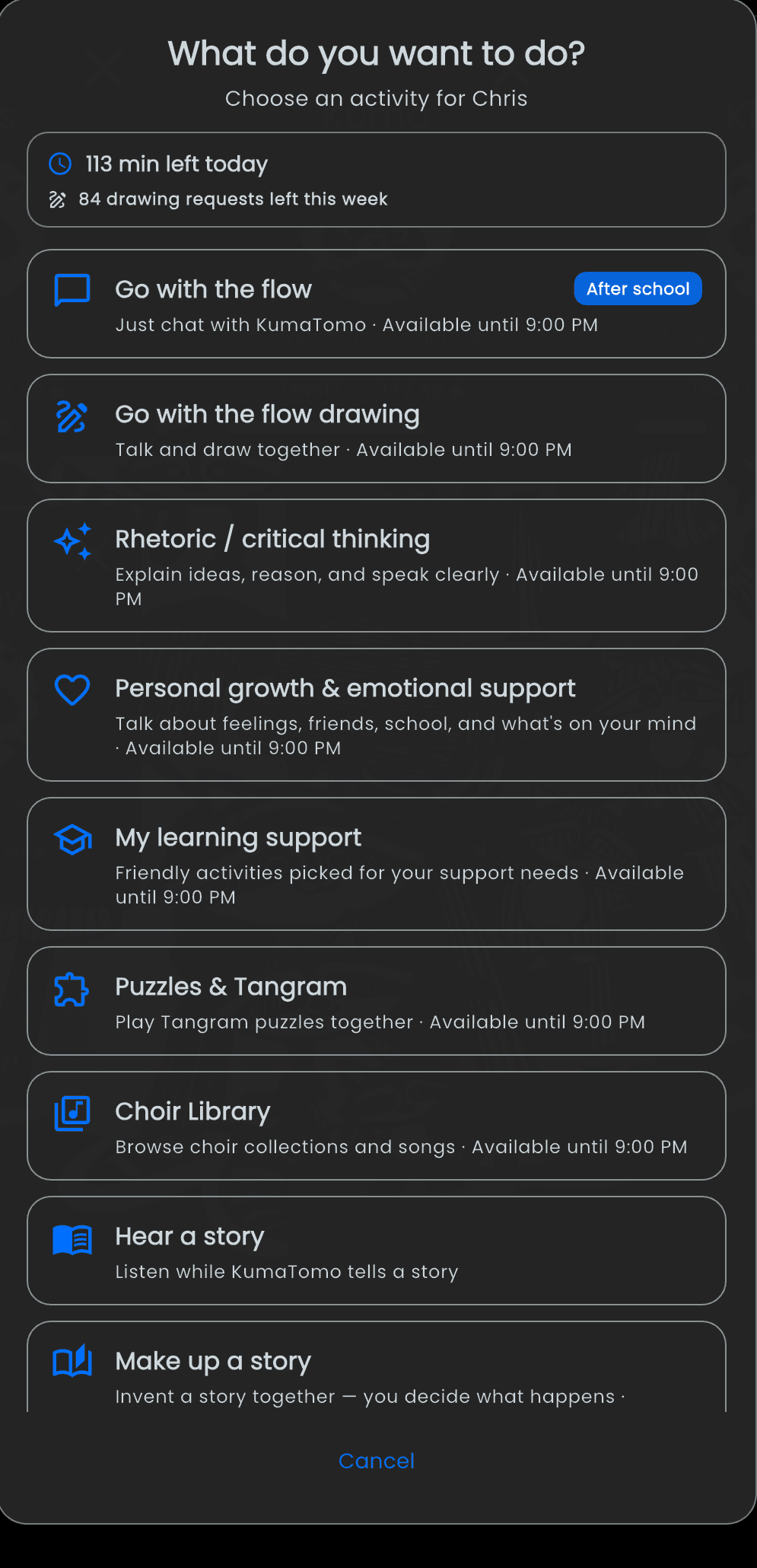 KumaTomo activity selection screen showing conversation, drawing, rhetoric, critical thinking, My Learning Support, puzzles, choir and stories