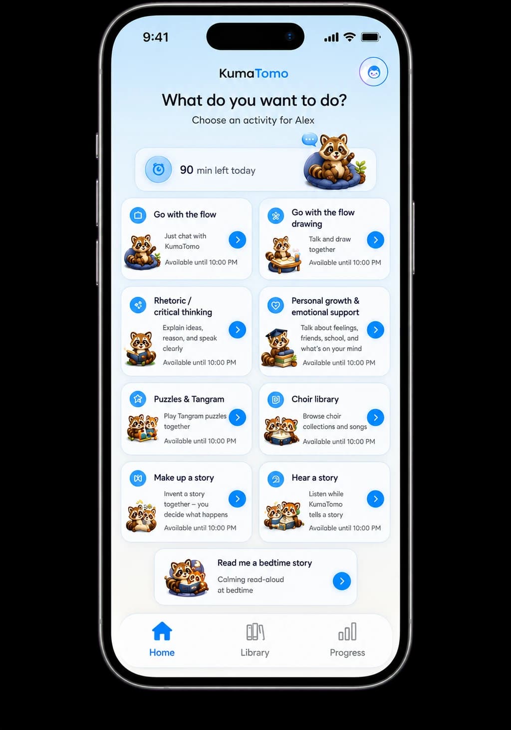 KumaTomo activity selection screen showing conversation, drawing, rhetoric, critical thinking, My Learning Support, puzzles, choir and stories
