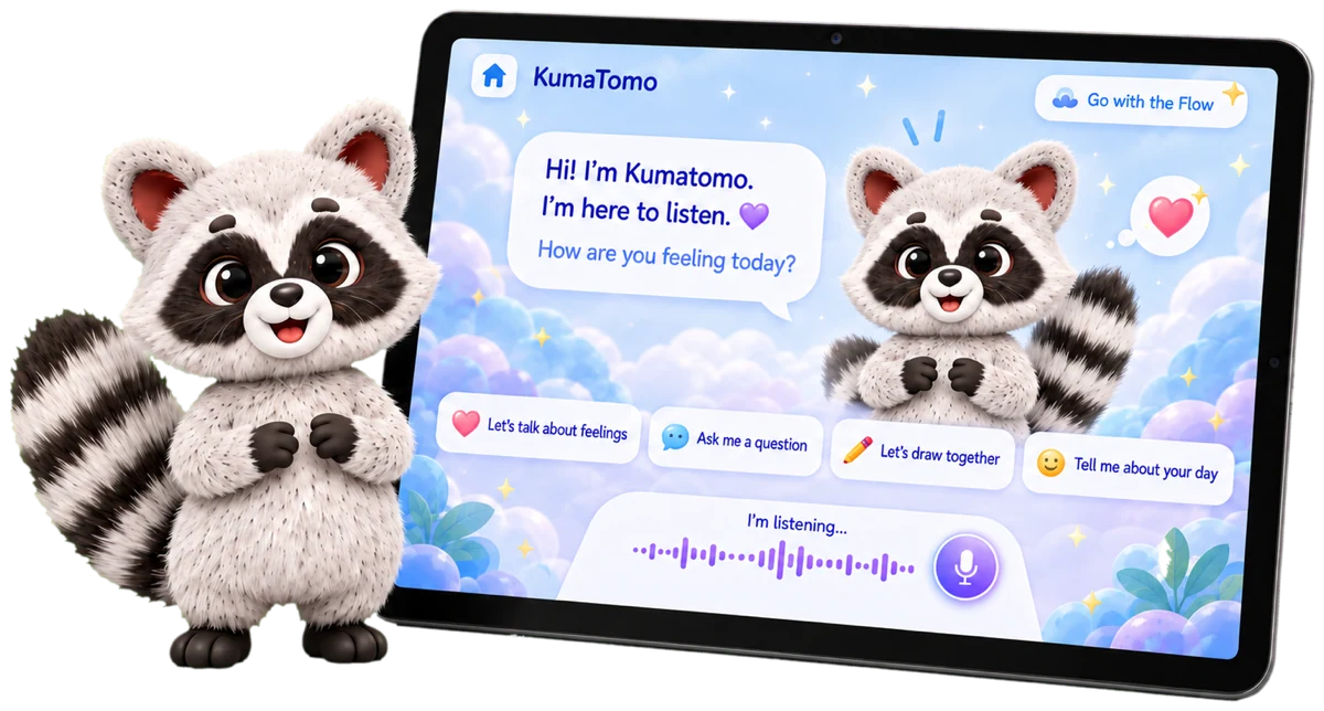 KumaTomo activity selection screen showing conversation, drawing, rhetoric, critical thinking, My Learning Support, puzzles, choir and stories