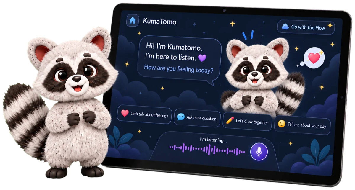 KumaTomo activity selection screen showing conversation, drawing, rhetoric, critical thinking, My Learning Support, puzzles, choir and stories